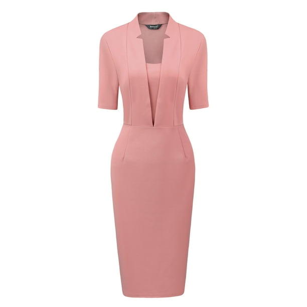 Vestido ajustado de mujer Inspire Chic con escote en V y mangas cortas, vestido midi bodycon para el trabajo en gris y rosa, talla S
