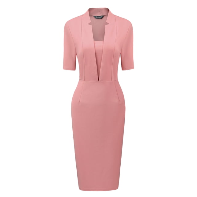 Vestido ajustado de mujer Inspire Chic con escote en V y mangas cortas, vestido midi bodycon para el trabajo en gris y rosa, talla S