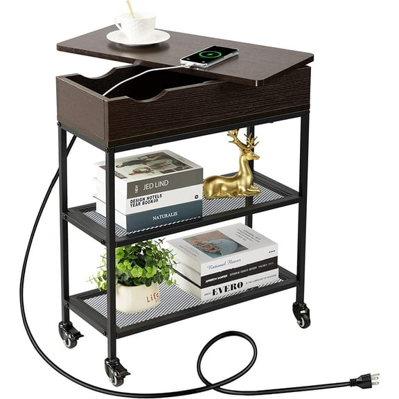 End Table with Charging Station & Rotating Top, Couch End Table, Rotating Swivel Top Side Table for Living Room & Bedroom, Narrow Rolling Side Table on Wheels, Skinny Nightstand, Black Walnut