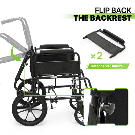 Magshion *FDA APPROVED* Transport Wheelchair, Folding Transport Chair with Swing Away Footrests and Flip Back Backrest for Travel, 300lbs Weight Capacity, Black