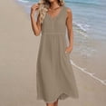 thumbnail image 4 of Hurxie Women's Summer Boho V-Neck Cotton Tunic Dress Casual Loose Short Sleeve Midi Long Beach Dress Khaki,M, 4 of 4