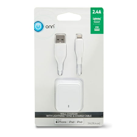 onn. USB Wall Charger with Lightning Sync & Charge Cable, White