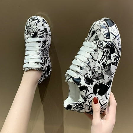 

Women‘s Graffiti Style Platform Sneakers Round Toe Lace Up Non-slip Skate Shoes Casual Low Top Sports Shoes