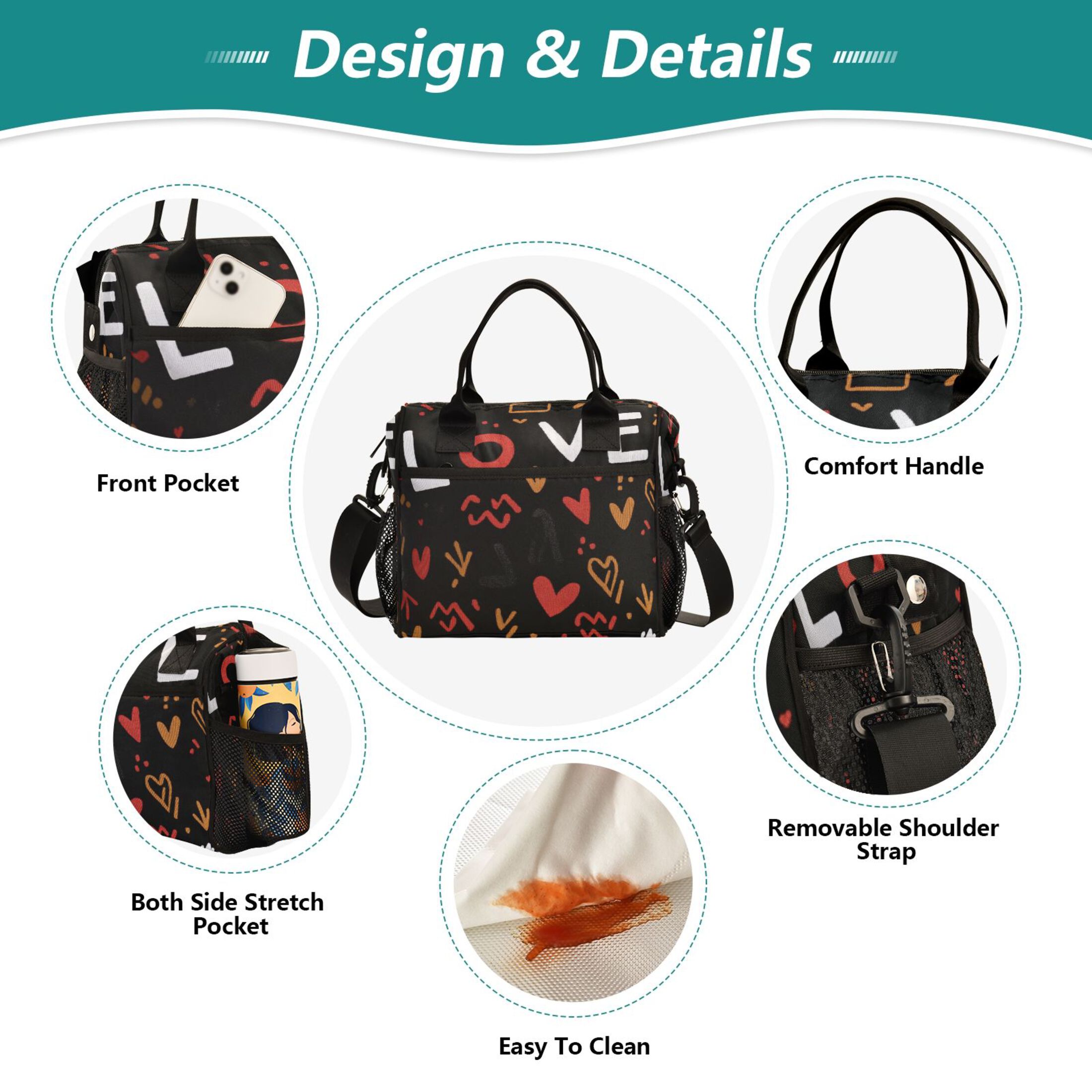 Iauyy Insulated Thermal Lunch Tote Bag for Women - S/M Sizes Portable Picnic Work Bag ,“love” Character Background