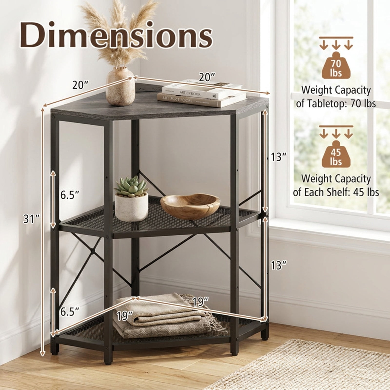 Furnibear Corner Printer Stand with Power Outlet 3-Tier Storage Rack with Adjustable Shelf for Home Office Printer Machine Under Desk Storage, Black