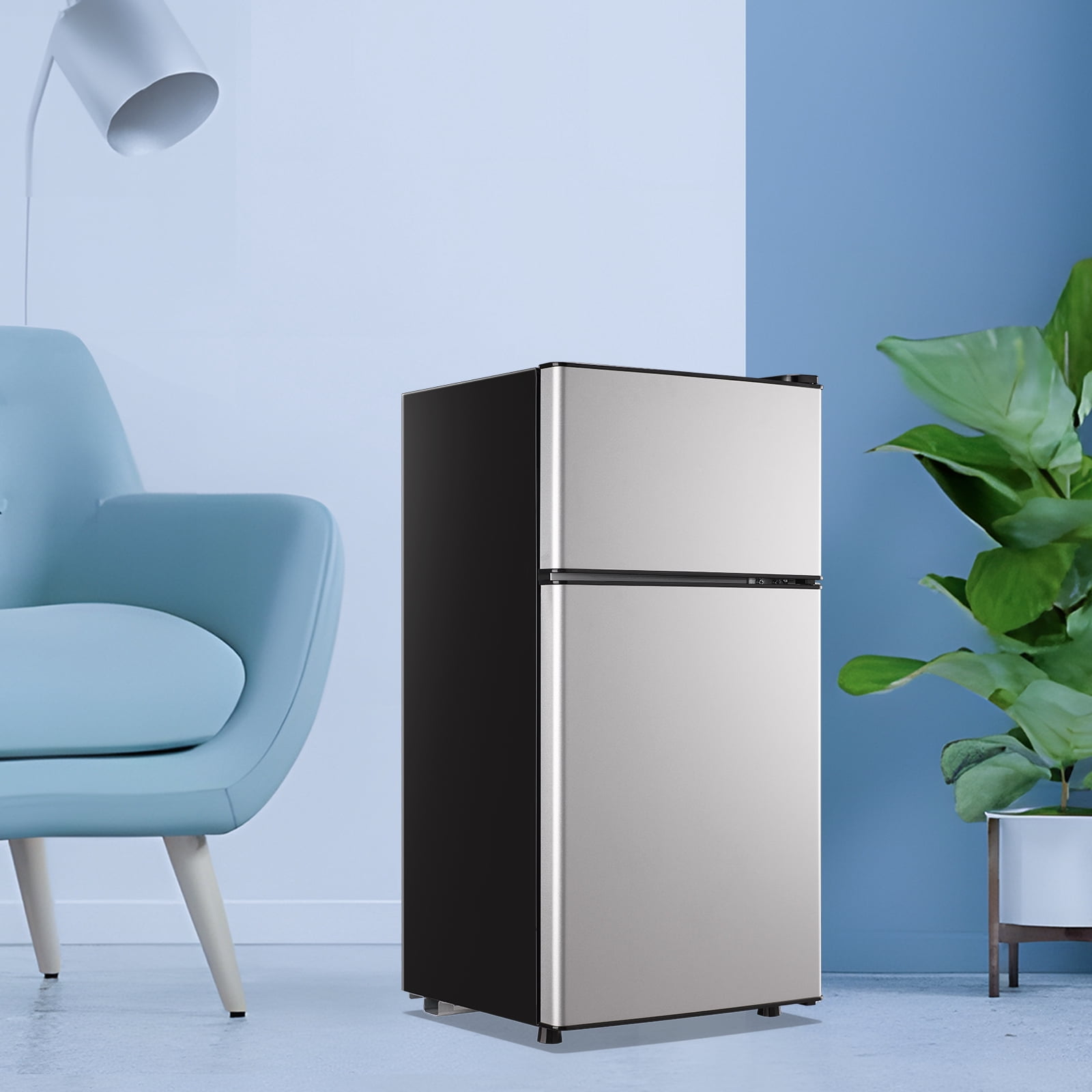 Tacool Apartment Size Mini Fridge Dual Door 2.4Cu.ft Dorm Small Refrigerator with Freezer, Silver, New