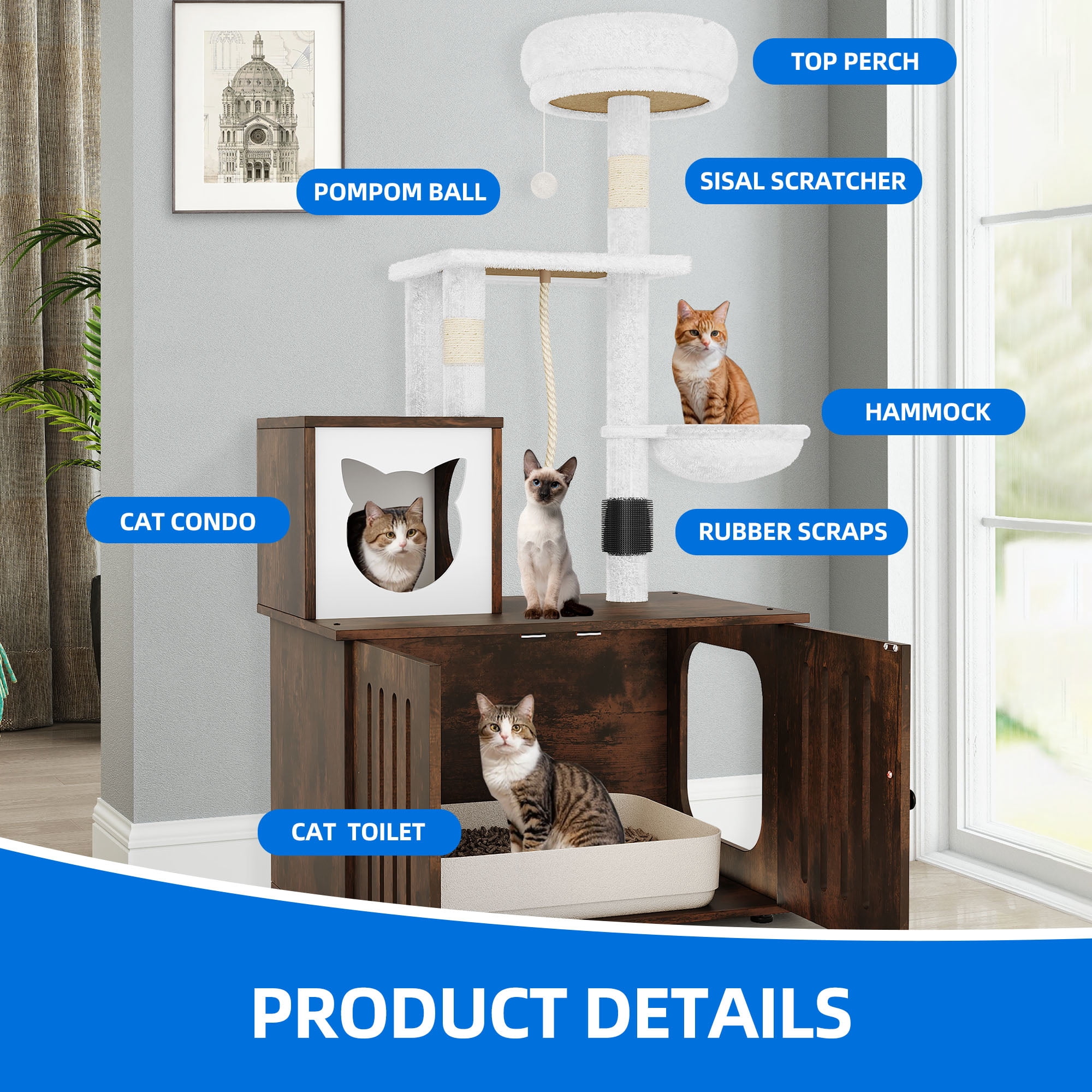 Dextrus 2-in-1 Cat Tree with Litter Box Enclosure,53.5" Large Modern Cat Condo with Scratching Posts, Perch, Food Station, Hammocks, Scratch Post, Rustic Brown