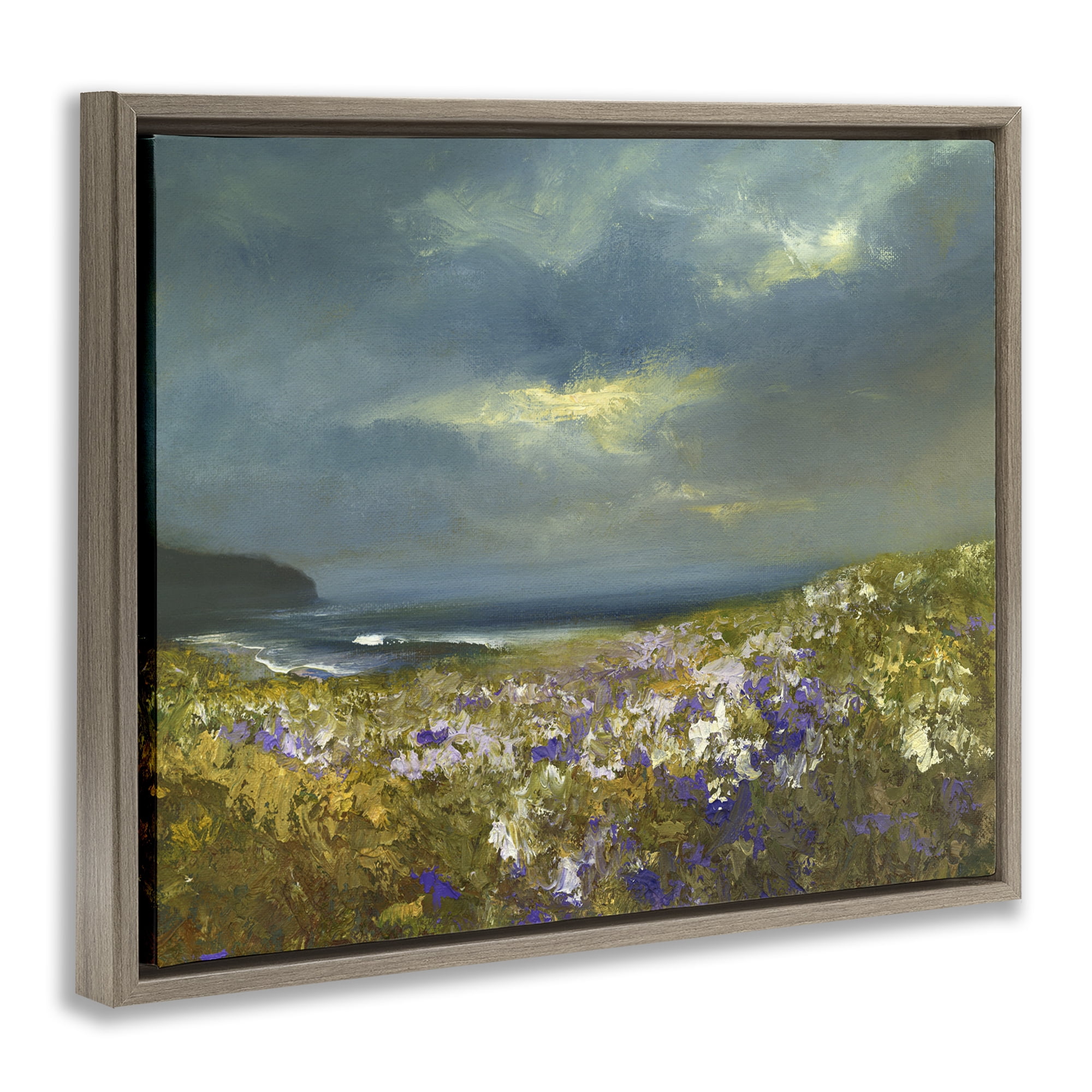 Stupell Industries Flowers by Stormy Beach Landscape & Nature Painting Brown Floater Framed Canvas Art Print Wall Art, 31 x 25
