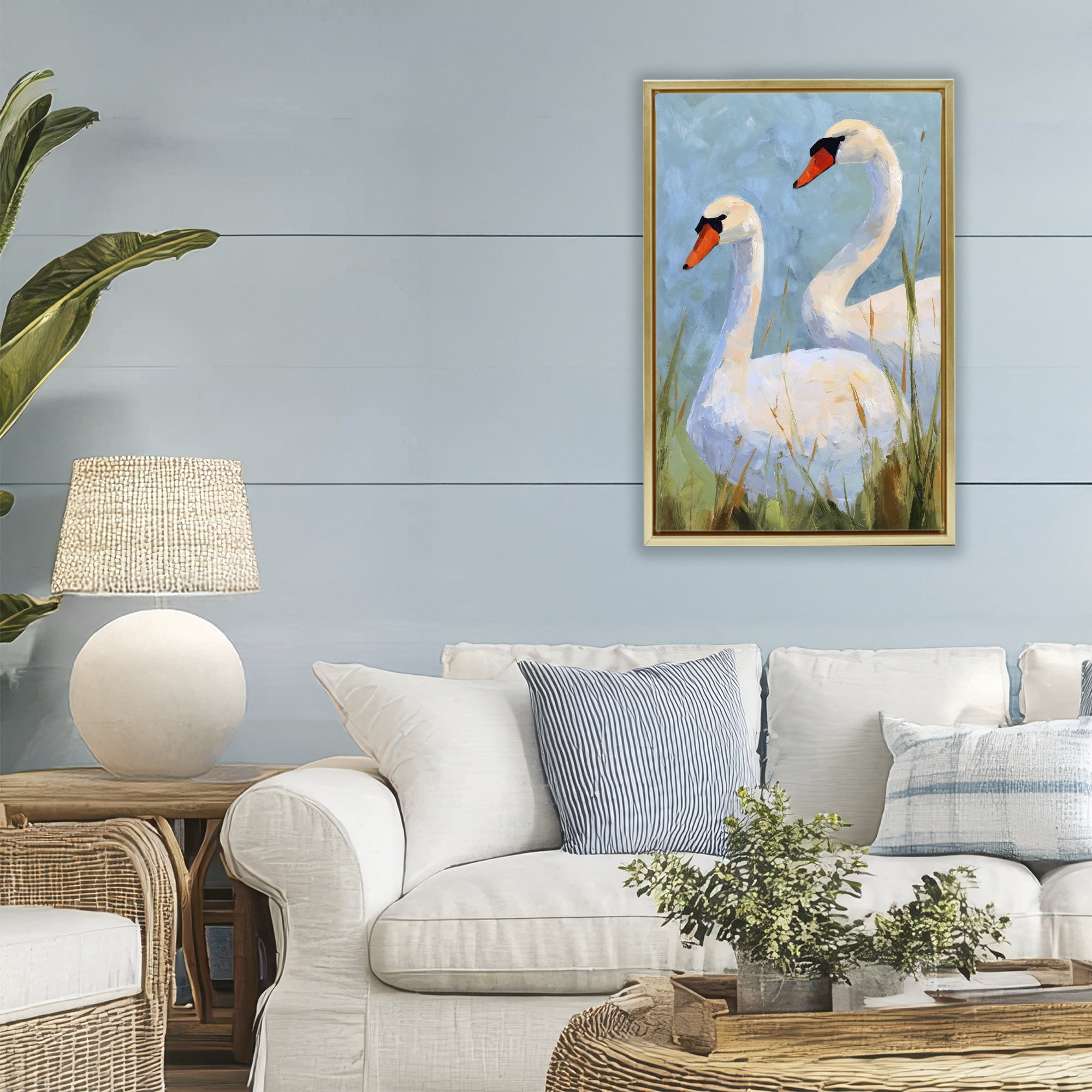 Stupell Industries Long Necks Swan Pear Gold Framed Floater Canvas Wall Art, design by Petal Prints Design