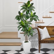 ROMSWI Dracaena Artificial Tree 6ft Tall Pre Potted Dracaena Trees with White Tall Square Planter for Indoor Outdoor Home Office Decor
