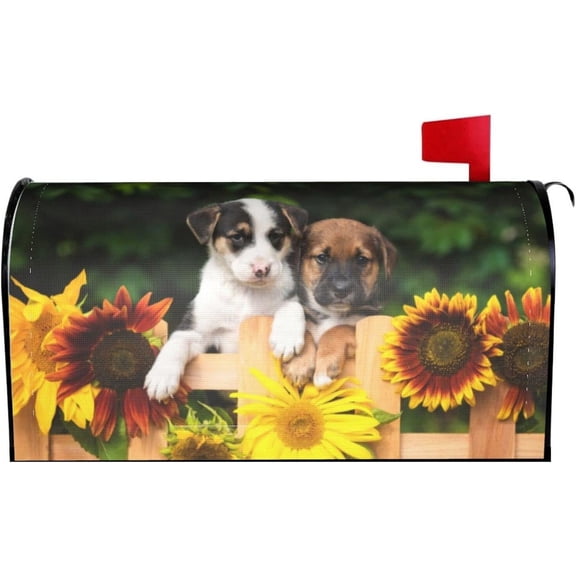 Sunflowers and Cute Puppy Dogs Mailbox Cover Magnetic Mailbox Wraps Post Box Cover DƩcor 25.5x21 in