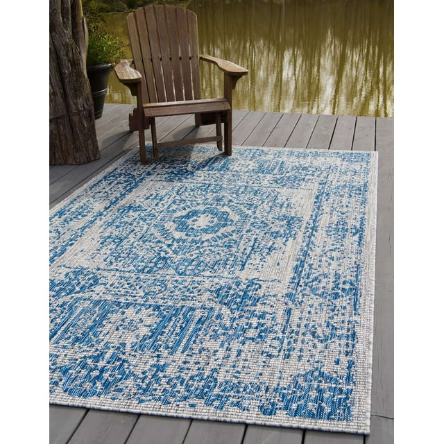 Unique Loom Traditional Collection Distressed Vintage Medallion Transitional Indoor and Outdoor Flatweave Area Rug, 9 x 12 Feet, Blue/Ivory