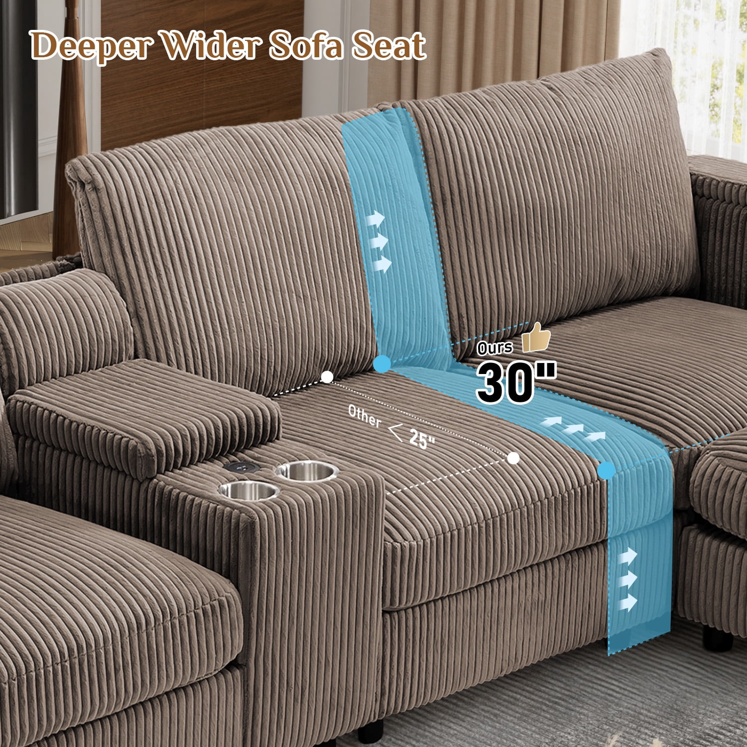 Wiilayok 153" Oversized U-Shaped Cloud Couch Sectional with Modular Design for Living Room: Comfy Corduroy, Ottoman, USB Port, Cup Holder, Armrest Storage, Side Pocket, Brown