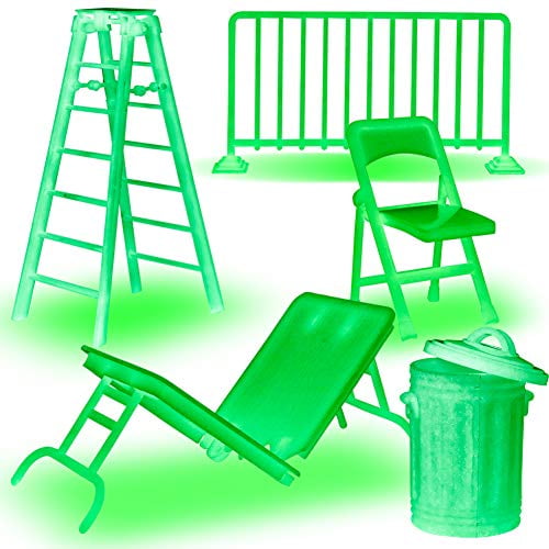 juego de 5 accesorios de wrestling props que brillan en la oscuridad para figuras de acción de lucha libre de la wwe kit verde: escalera de mano, valla de seguridad, silla plegable, mesa reclinable pequeña y bote de basura de plástico importado; complementa colecciones y dioramas. Para brillar, exponer a la luz durante varias horas.