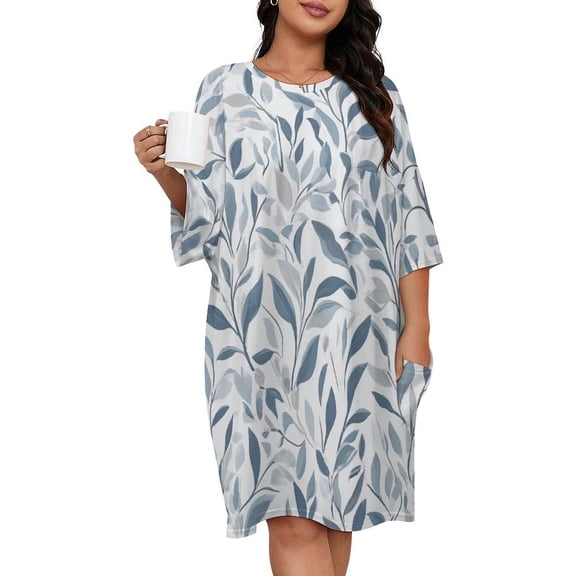 Blue Watercolor Leaf Pattern Sleepshirts For Sleeping Travels Loose Sleepdress Pajama Dress Soft Nightdress Sleepwear