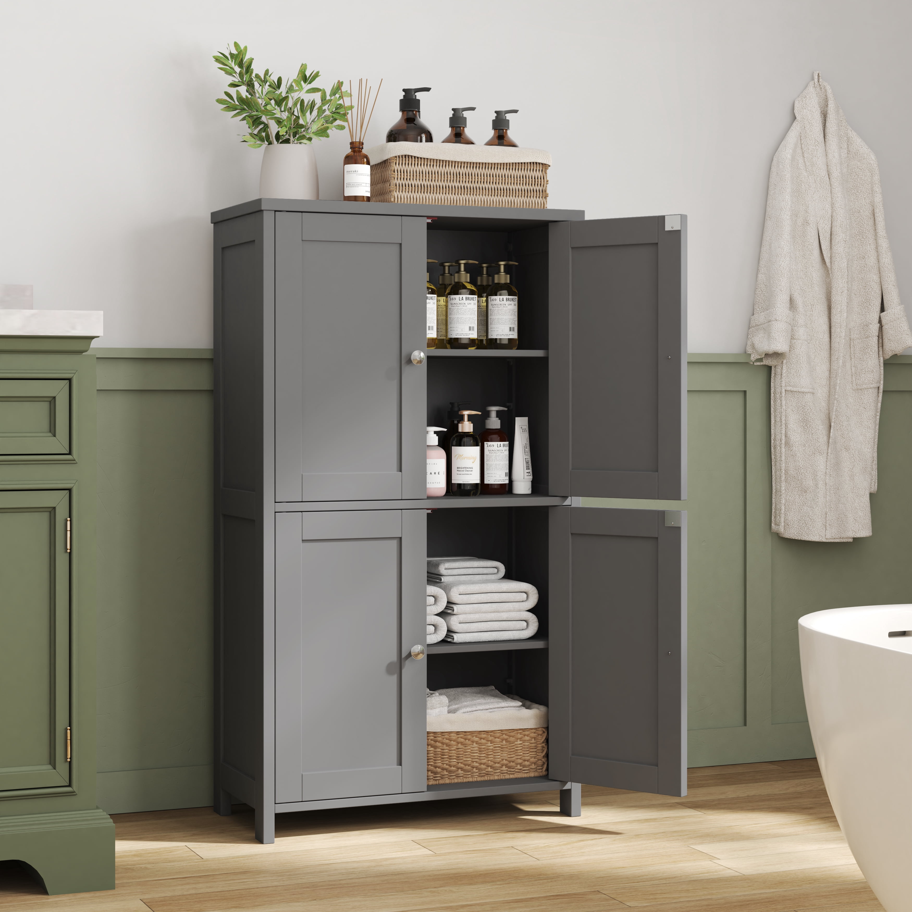 Bathroom Storage Floor Cabinet Organizer with Adjustable Shelf 4 Magnetic Doors 43" Wooden Pantry Cabinet Freestanding for Kitchen Living Room Small Spaces,Gray
