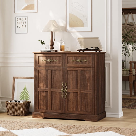 Farmhouse Buffet Sideboard 4 Drawers 2 Doors Gold Handles 33.5" Brown