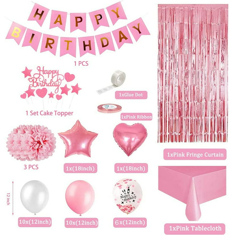  pink birthday decorations for women ，happy birthday party  decorations for girls，pink Fringe Curtain，happy birthday banner，happy  birthday balloon，happy birthday balloon letters : Toys & Games