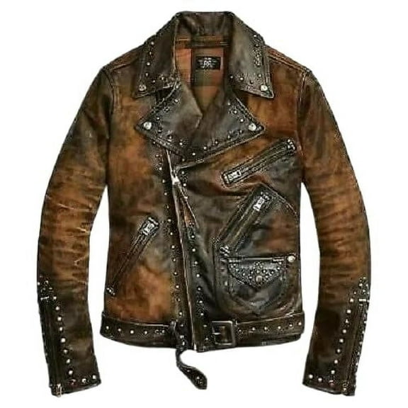 HIDE CRAFTS Leather Jacket brown Black Punk Full Silver Spiked Studded Zippered Jacket (US, Alpha, X-Large, Regular, Regular, Brown and Black)