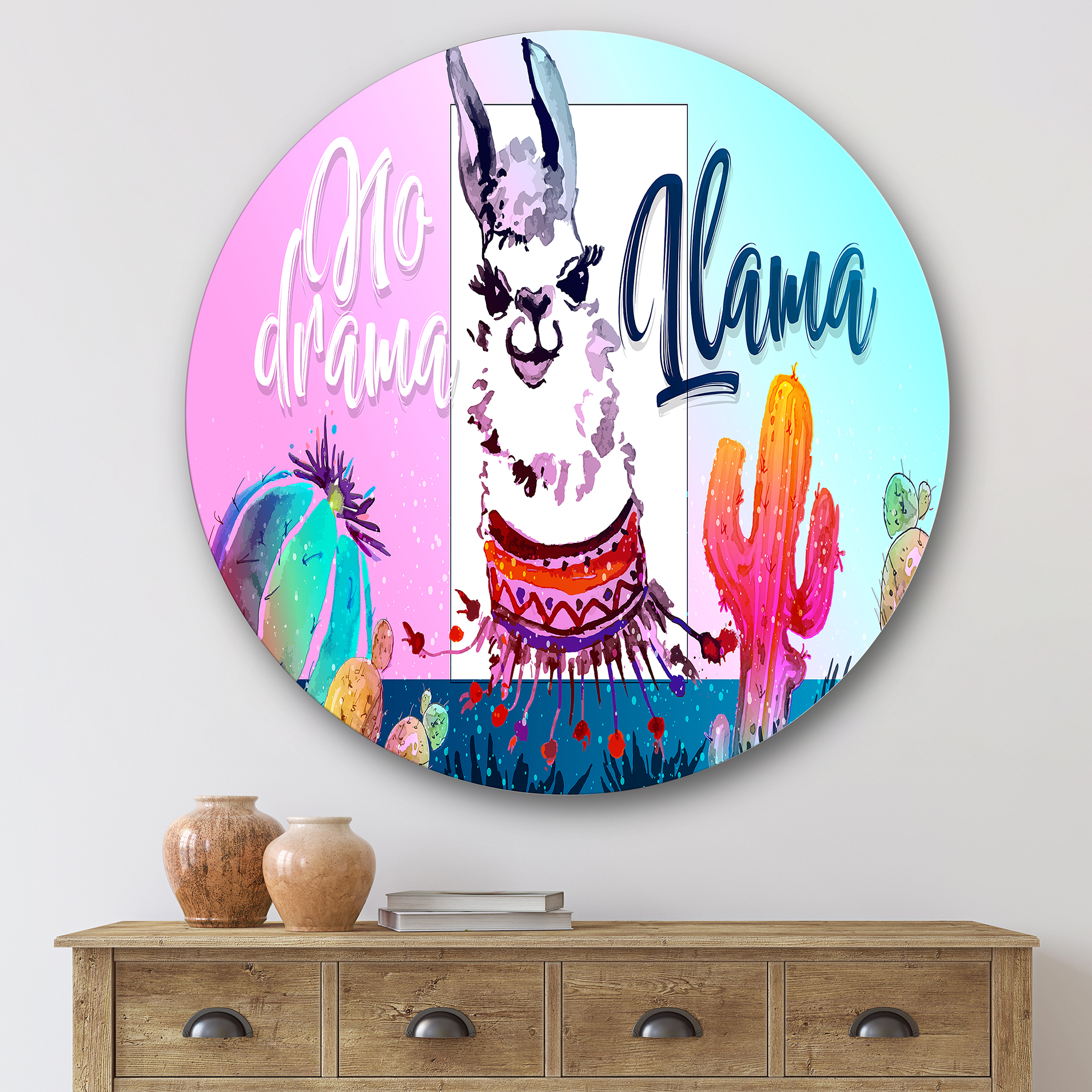 Designart 'No Drama and Colorful Llama' Children's Art Circle Metal Wall Art 36x36 - Disc of 36
