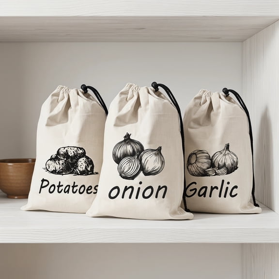 Canvas Vegetable Storage Bags Cotton Storage Bags for Potato, Onion & Garlic Reusable Drawstring Produce Bags Breathable, Eco-Friendly, Washable