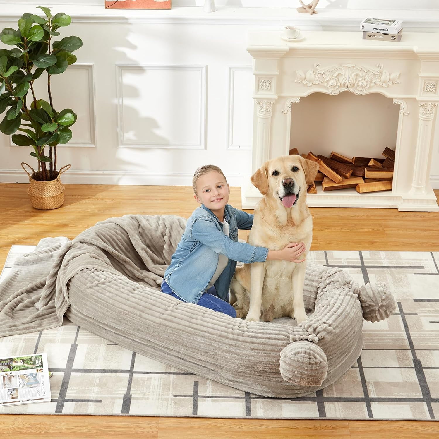 Human Sized Dog Bed, 70.87" x 45" x 12" Large Dog Bed with 2 Storage Pockets, Faux Fur Orthopedic Pet Bean Bed for Adults & Giant Pets - Khika-corduroy