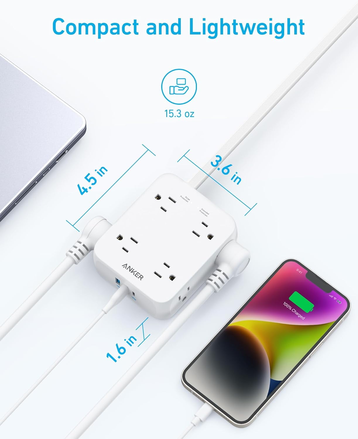 Surge Protector Flat Plug Power Strip 2000J, Anker 5ft Thin Extension Cord with 8 Outlets, 2 USB A and 1 USB C Port, 20W for iPhone15, Wall Mount, Compact for Home, Office, Room, TUV Listed