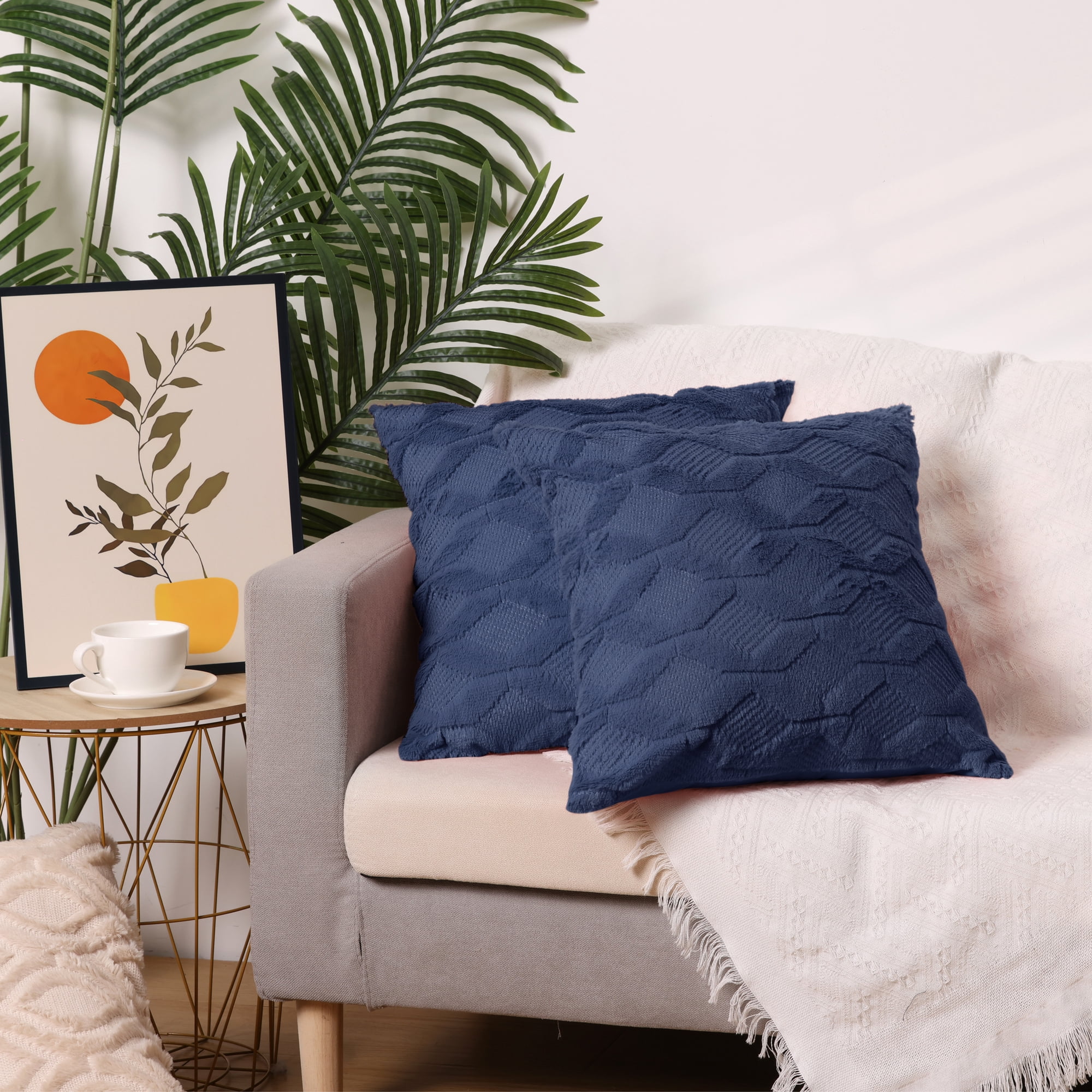 Unique Bargains 4 Pcs Solid Soft Short Plush Pillow Covers Home Decor Dark Blue/Yellow 18" x 18"