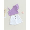 thumbnail image 3 of SUNSIOM Toddler Girl 2Pcs Summer Outfits, Ruffle Sleeve One Shoulder Strap Tops + Shorts Set Kid Clothes, 3 of 9