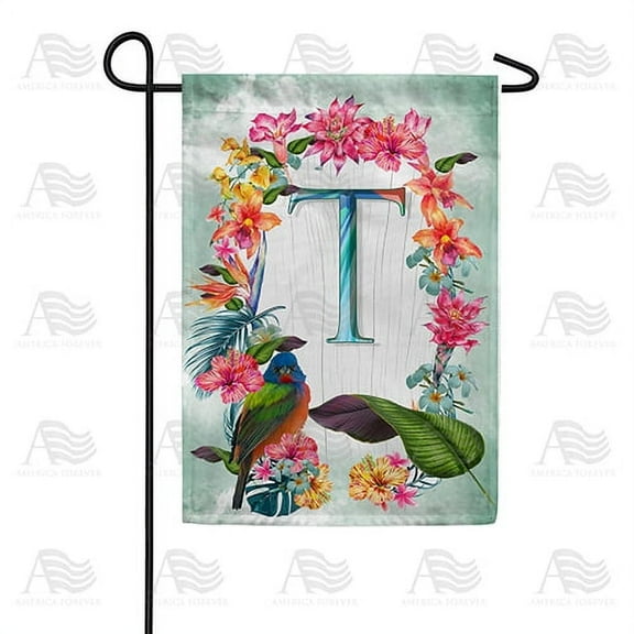 America Forever Summer Floral Wreath Monogram Garden Flag Letter T 12.5 x 18 inches Parrot Macaw Hibiscus Palm Leaves Double Sided Vertical Outdoor Yard Lawn Decorative Tropical Garden Flag