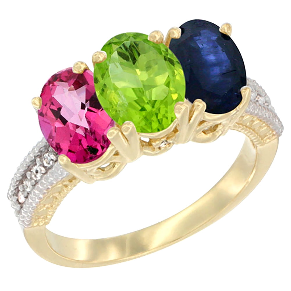14K Yellow Gold Natural Pink Topaz, Peridot & Blue Sapphire Ring 3-Stone 7x5 mm Oval Diamond Accent, sizes 5 10 by WorldJewels