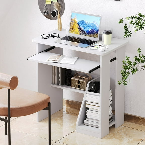 NEWSENDY 29in Computer Desk with Monitor Stand and Keyboard Tray for Small Space, Wood PC Laptop for Bedroom, Writing Table with Shelves for Living room, White