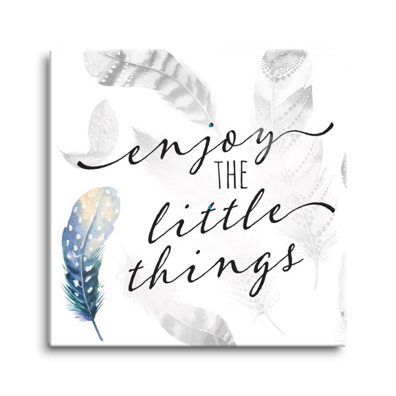 Enjoy Little Things Soft White Feathers 24 x 24 Glass Wall Hanging Sign