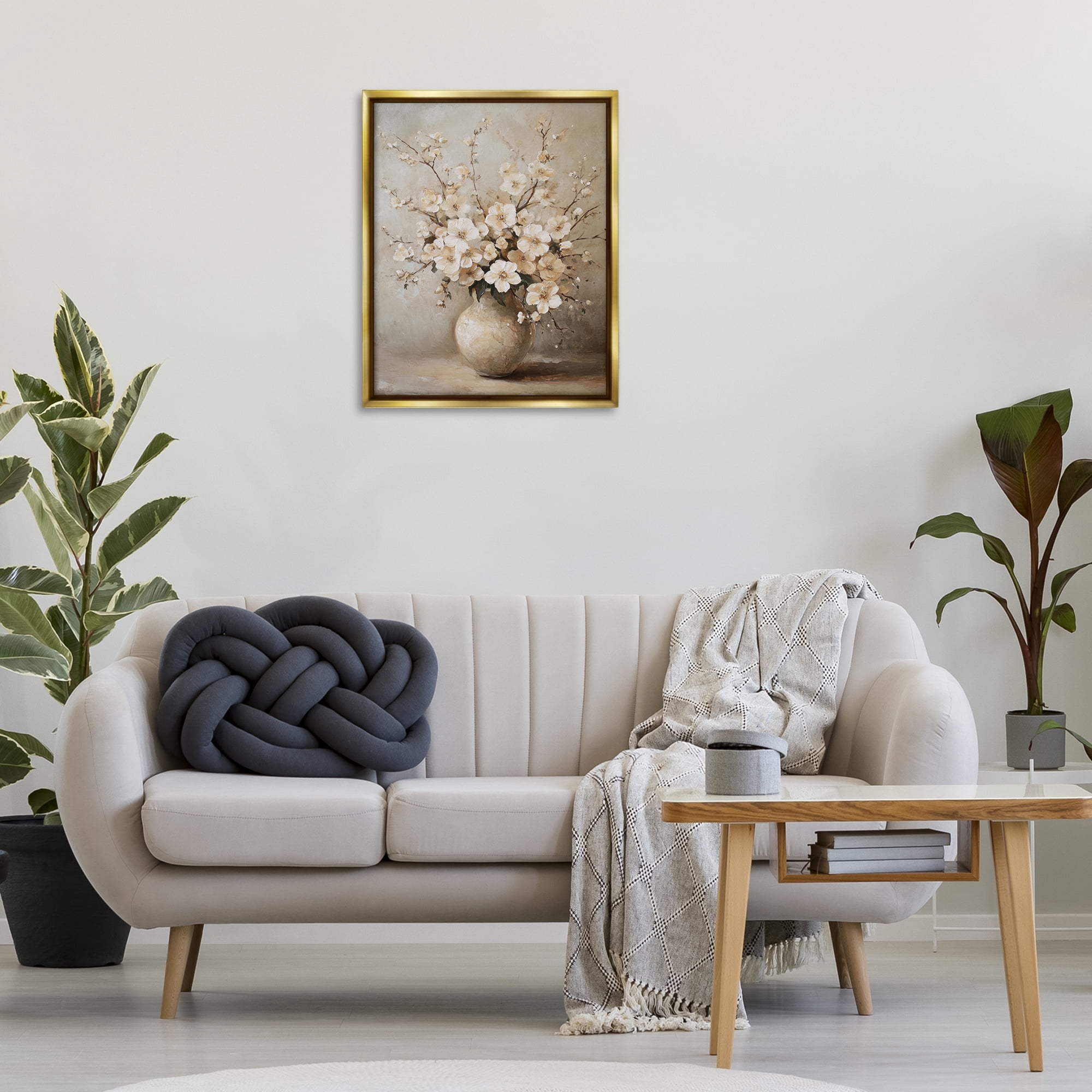 Stupell Industries Cherry Blossoms in Pottery Plants & Flowers Painting Gold Floater Framed Canvas Art Print Wall Art, 25 x 31
