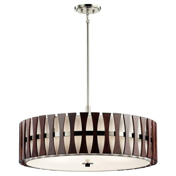 5 Light Mid Century Modern Wood Panel Drum Pendant Light Fixture with Tempered Etched Glass Bailey Street Home 147-Bel-2013917