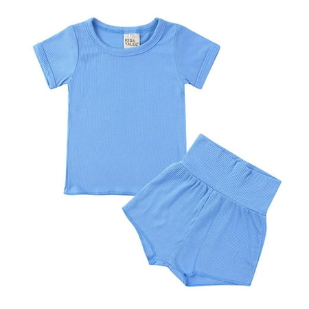 

Newborn Boys Girls Short Sleeve Belly Protection High Waist Shorts Solid Color Crewneck T-Shirt Suit 2PCS 6-24Months