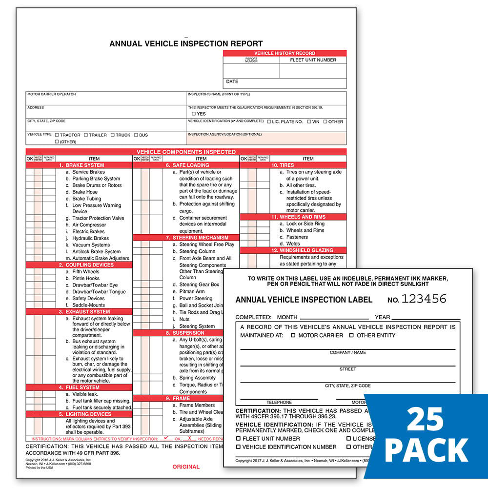 thumbnail image 2 of Annual Vehicle Inspection Report (Shrinkwrapped Snap-Out Format, 3-Ply Carbonless, 8.5" x 11.75") with Label (2-Ply Vinyl with Mylar Laminate, 5" x 4") - 25-pk. - J. J. Keller & Associates, 2 of 7