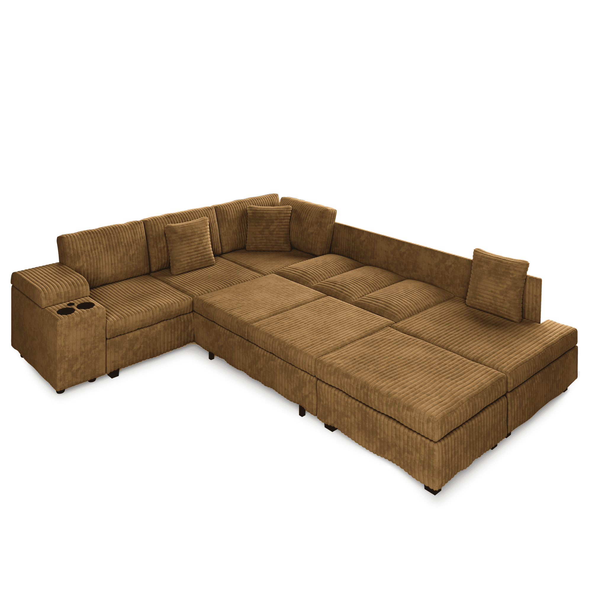 110.2" L-Shaped Sectional Sofa with Removable Ottoman, Covertible Sleeper Sofa with Hidden Armrest Storage, USB Ports & Cup Holders, Plush Corduroy Convertible Couch for Living Room, Apartment