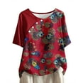 thumbnail image 4 of WREESH Womens T-Shirts Casual Floral Print Pullover Round Neck Short Sleeved Top Red, 4 of 6