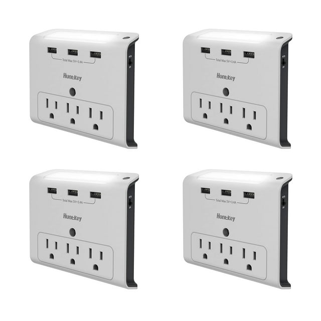 Huntkey Wall Mount Outlet with 3 2.1 Amp USB Ports and Outlets, Gray (4 Pack)