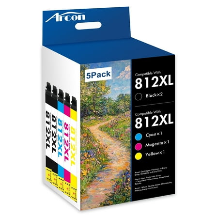 812XL Ink Cartridges 5 Pack Compatible for Epson 812XL 812 Printer Ink T812 T812XL Combo Pack WorkForce WF-7840 WF-7310 WF-7820 EC-C7000 (2 x Black, Cyan, Magenta, Yellow)