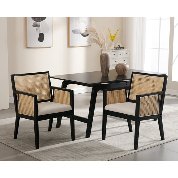 Guyou Rattan Dining Chairs Set of 2, Mid Century Modern Linen Upholstered Dining Room Armchairs, Farmhouse Wooden Kitchen Chairs with Cane Back and Black Hardwood Frame for Living Room, Beige