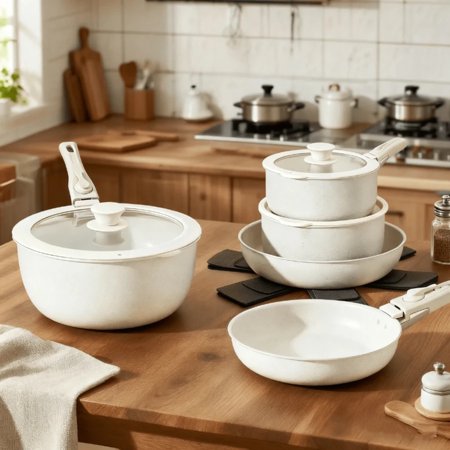 15pcs Nonstick Cookware Set - Induction Compatible Granite Coated Durable Aluminum Kit with Frying Pans, Saucepans, Stew Pot & Soup Pot, Essential for Home Kitchen Daily Cooking
