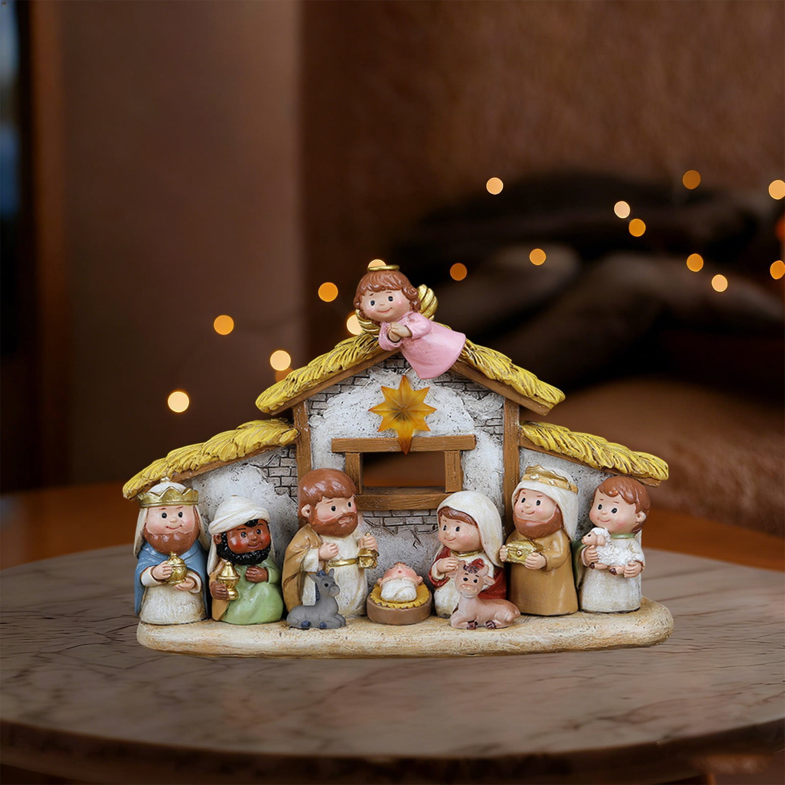 Christmas Nativity Set with LED Light,Mini Little People Nativity Scene-Hand Painted Manger Figurines with Baby Jesus,Religious Indoor Tabletop Decor,Christian Nativity Story Figures for Easter Gifts