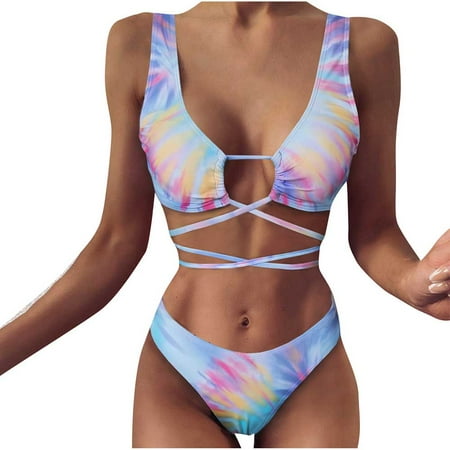QLEICOM Women s Swimsuits High Waisted Tummy Control Swimwear Fashion Sexy Swimwear Bikini Tie-dye Printed Bandage Split Swimsuit Women Bikinis Swimming Suits Cover Ups Bathing Suits Yellow M