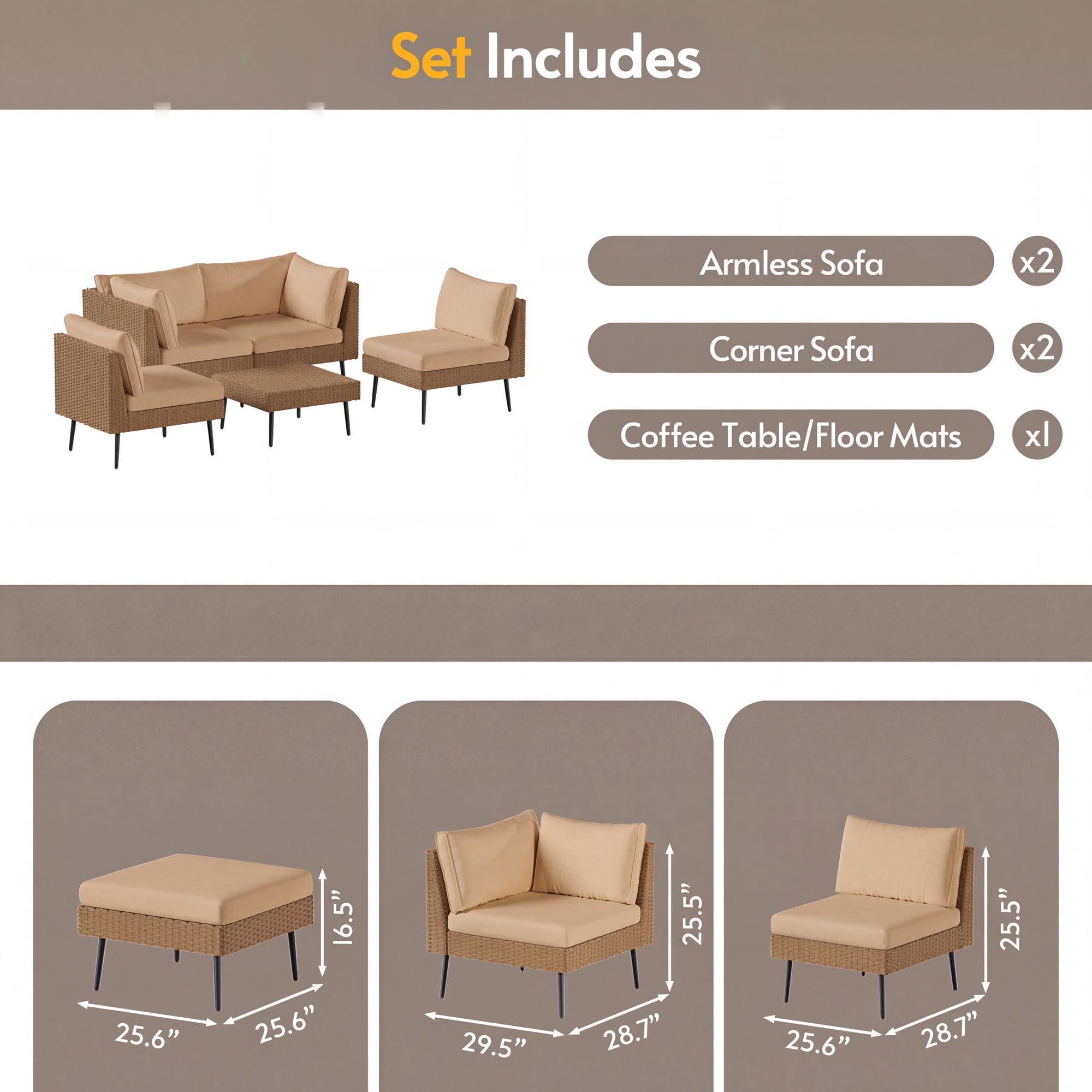 LAZZO 5-Piece Outdoor Wicker Conversation Set, All-Weather Sectional Sofa with 4 Chairs & 1 Ottoman, Khaki Cushions