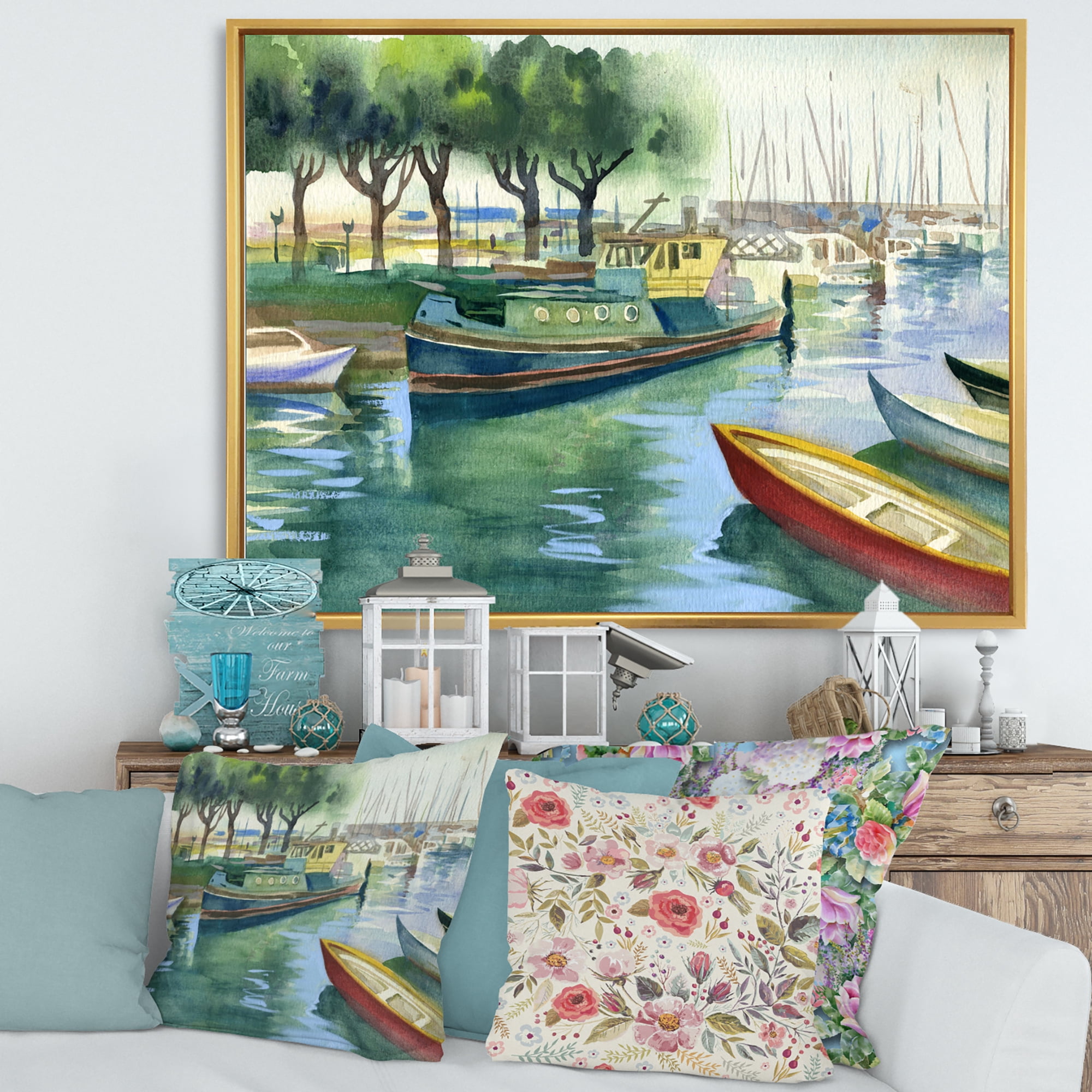 Designart 'Boats At The Lake in Green Spring' Traditional Framed Canvas Wall Art Print