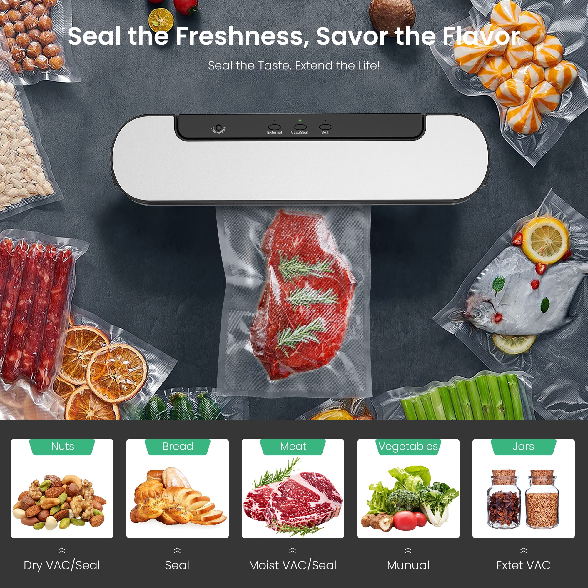 Aukey Home Vacuum Sealer Machine 8 in 1 Automatic Food Sealer, 75Kpa Powerful Air Sealing System with Dry&Moist Modes for Home Use, 15inch