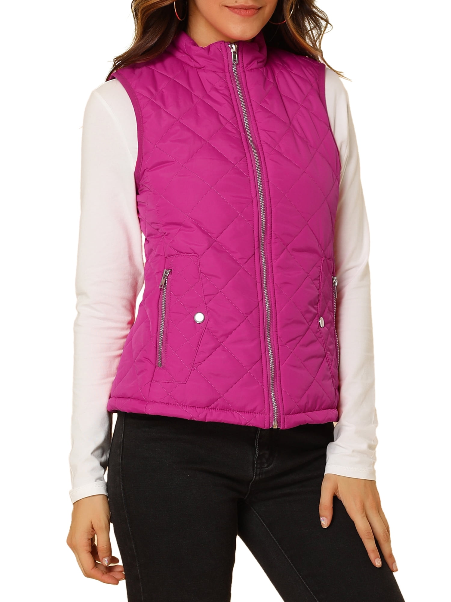DARING DIVA Women's Zip Stand Collar Quilted Padded Vest XL Fuchsia
