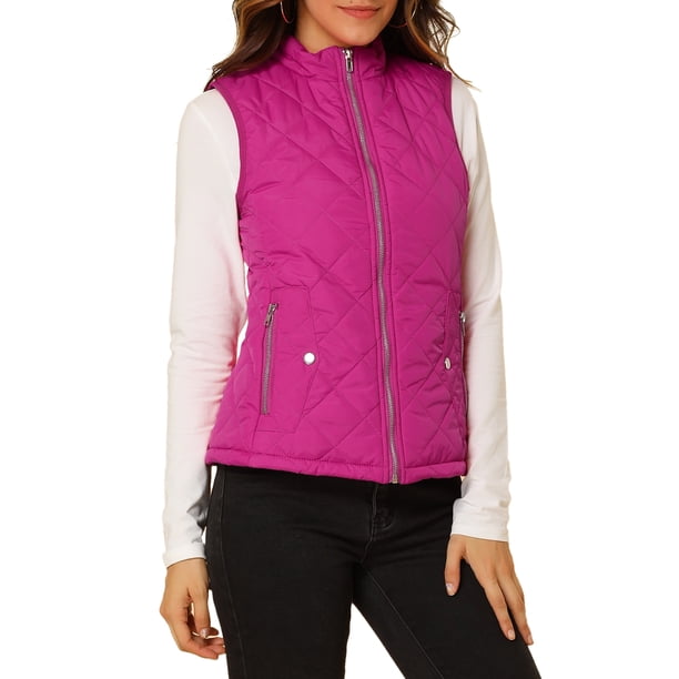 INSPIRE CHIC Chalecos de mujer con cuello alto, chaleco acolchado con cremallera, talla L, fucsia